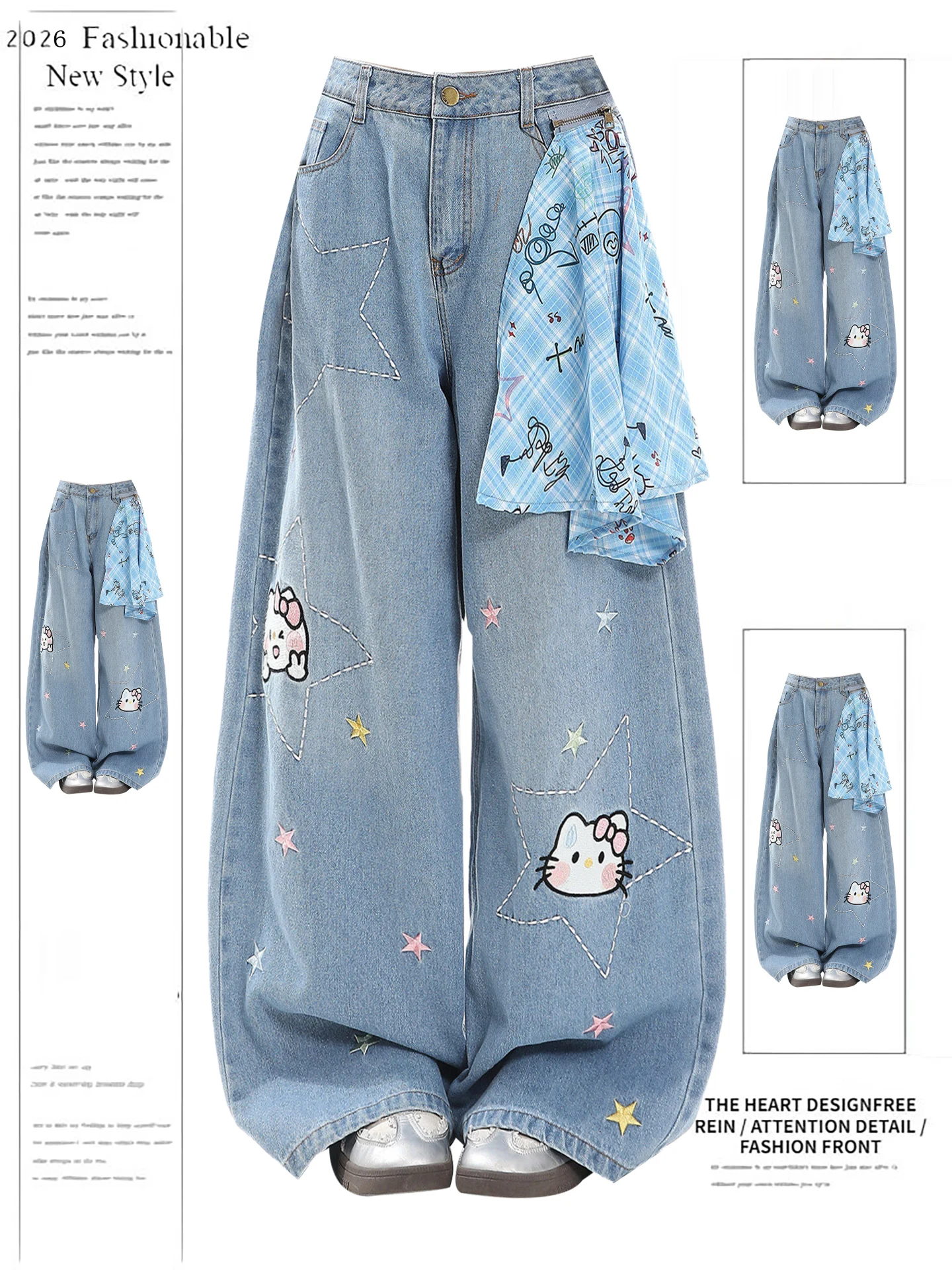 

Американские джинсы с вышивкой в клетку, широкие, свободные, женские, весенняя новинка, повседневные, с высокой талией, прямые брюки