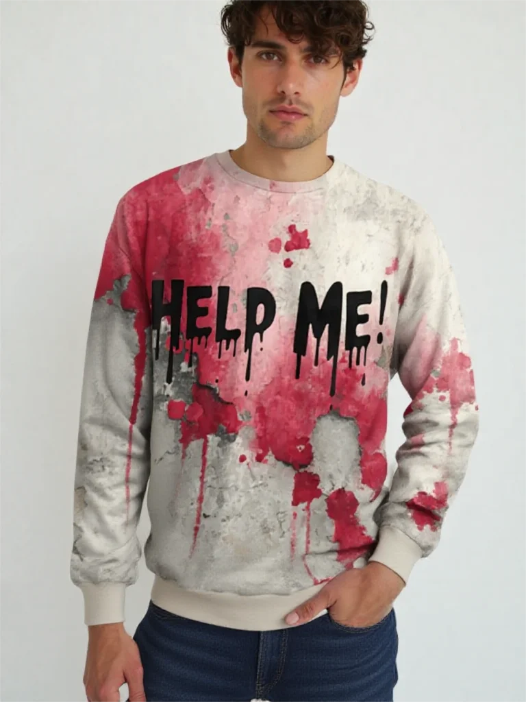 

Men'S Halloween Bloody Printed 3D I'M Fine Help Me Letter Round Neck Sweatshirt Men Y2k Oversized Hooded Sweatshirts Pullovers