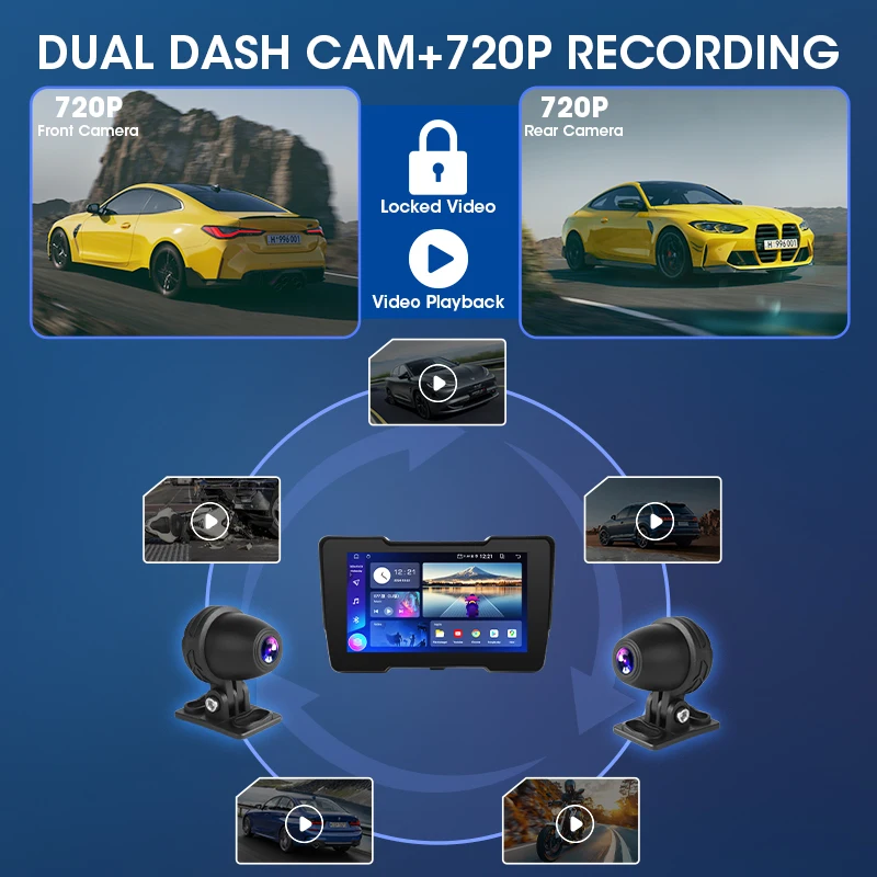 نظام تحديد المواقع المحمول 7 بوصة للدراجات النارية DVR Carplay يدعم Youtube Netflix Tiktok GooglePlay اللاسلكي Android Auto BT GPS Navigation