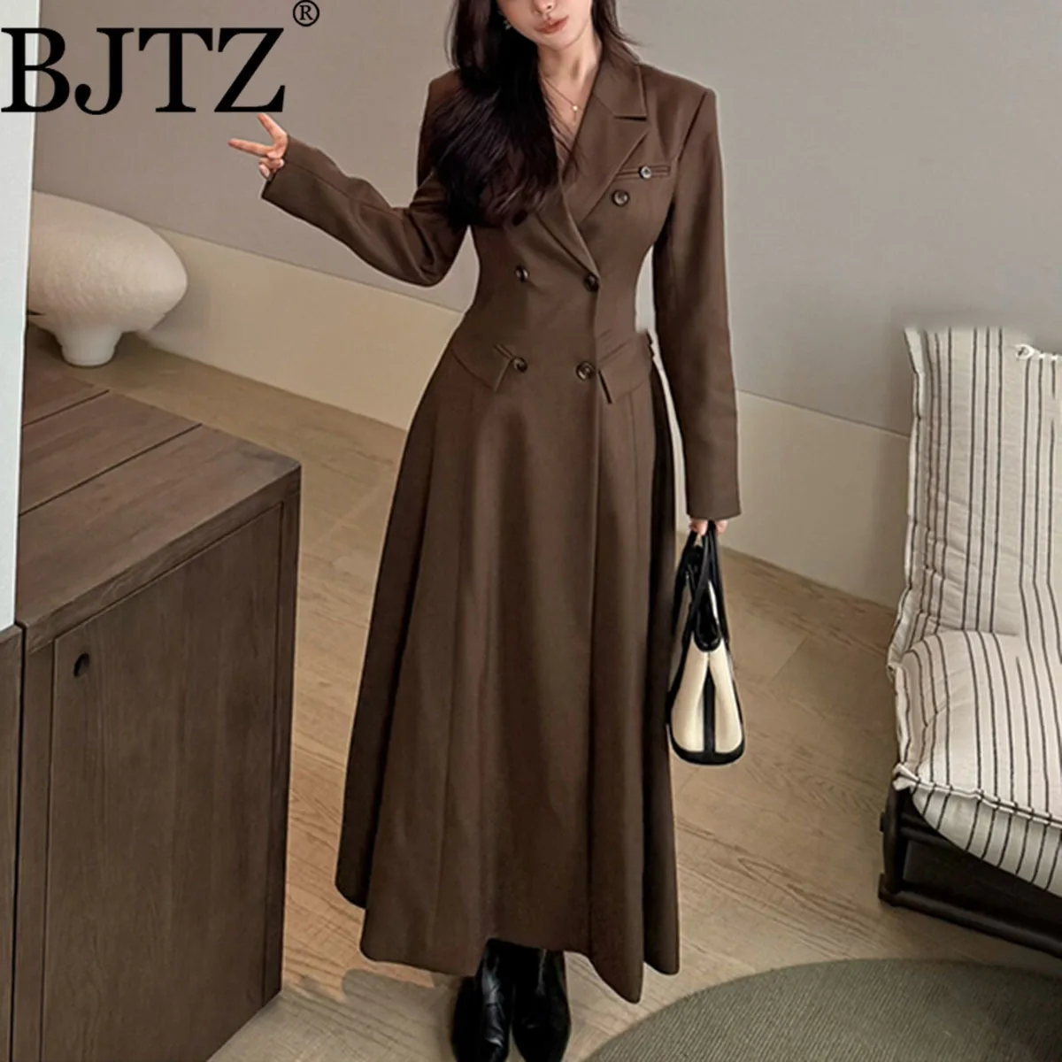

BJTZ темпераментный модный двубортный длинный пиджак для женщин, весна-осень 202, новое офисное женское элегантное женское пальто