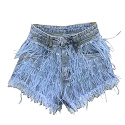 2026 Summer New Personalized Tassel Inlaid Diamond Wash Light Blue Denim Shorts Women's Streetwear Fashion Short Hot Pants