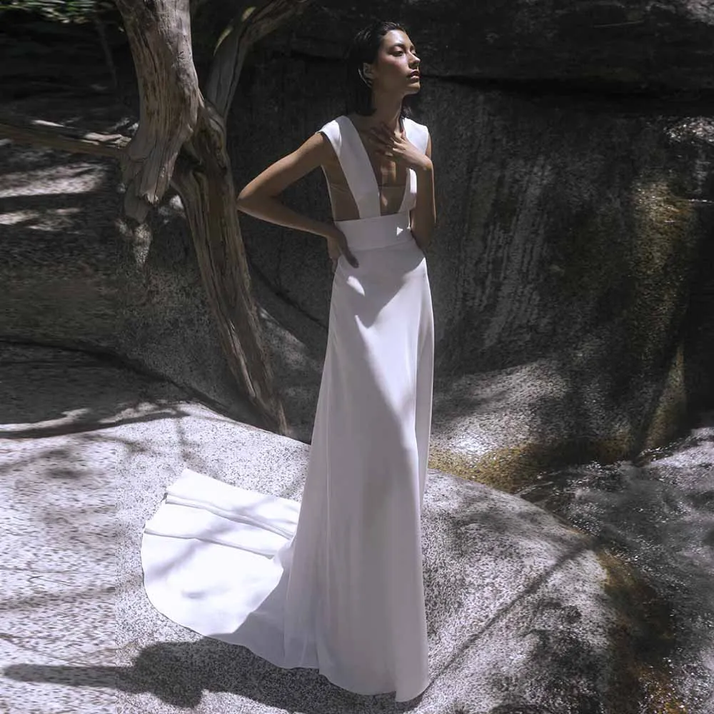 Simple Wedding Dresses Women Jersey A-line Women's Dresses Trend 2025 White V-neck Tailing Backless Women's Wedding Dresses Long