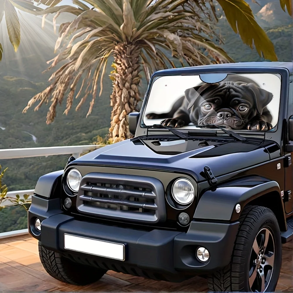 

1pc Black Pug Dog Windshield Sun Shade - Foldable Ray Reflector, Heat-Blocking Sun Visor Protector For Vehicle Interior, Durable