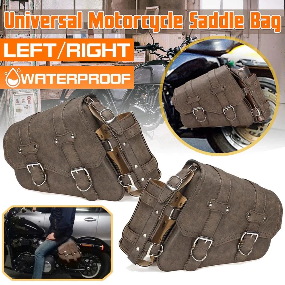 

1 pack of retro brown PU leather motorcycle side bag, side hanging bag with kettle rack, universal left and right installation