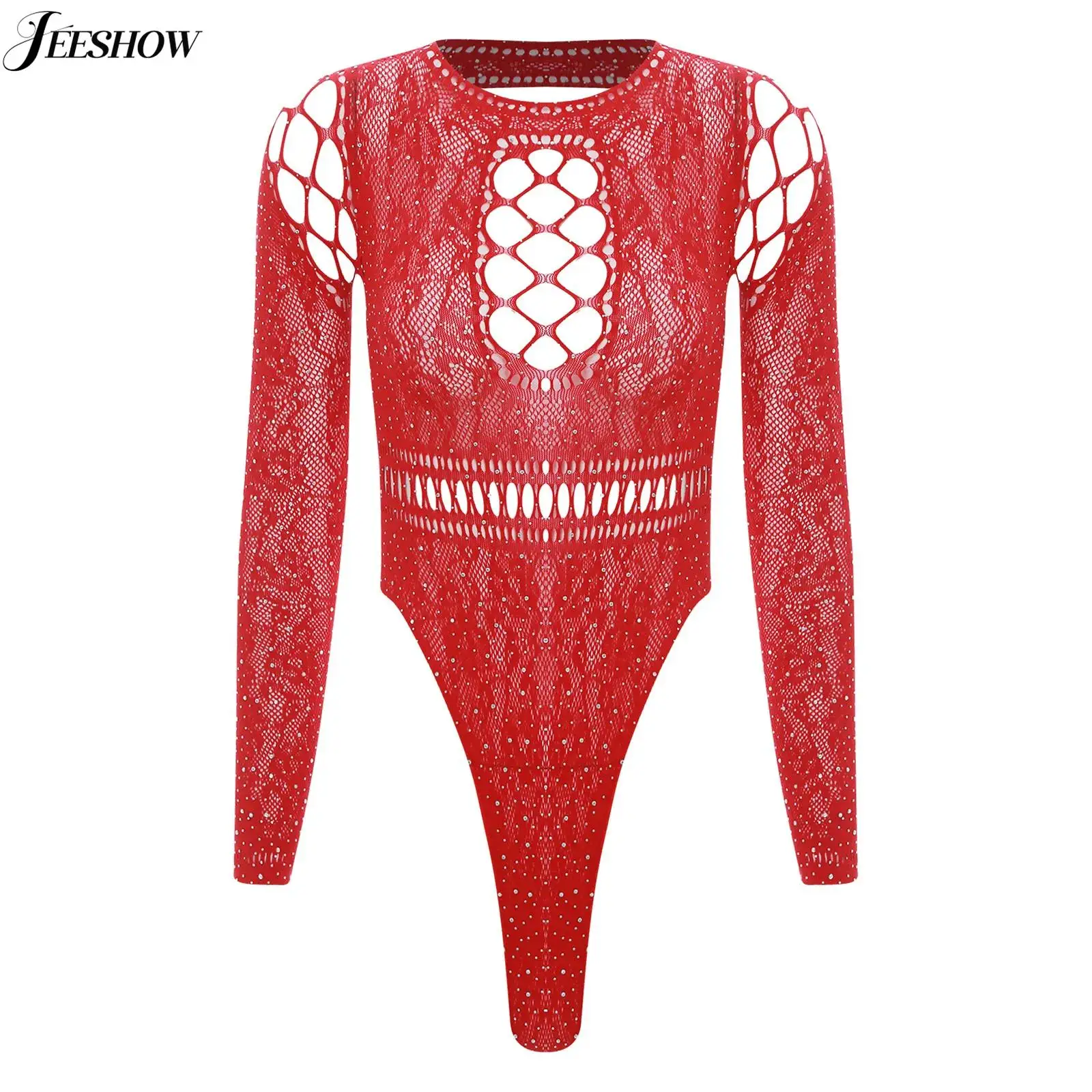 

Womens Shiny Rhinestone Fishnet Lingerie Bodysuit See Through Hollow Out Crew Neck Long Sleeve High Cut Leotard Bikini Cover Ups