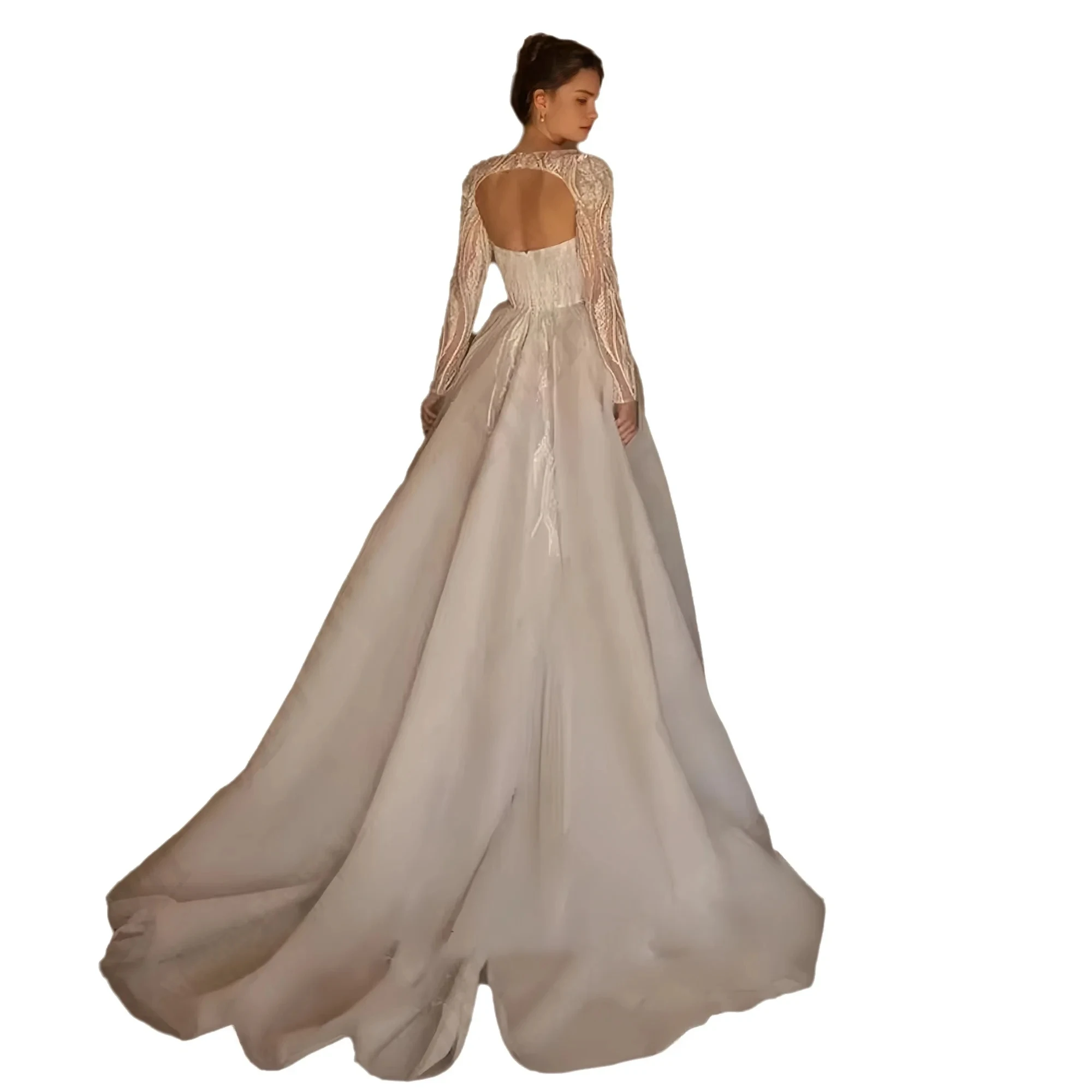 2025 Elegant A-line Wedding Dress Sweetheart Embroidery Beads Long Sleeves A Line Organza Bride Brida Grown Vestidos De Noiva