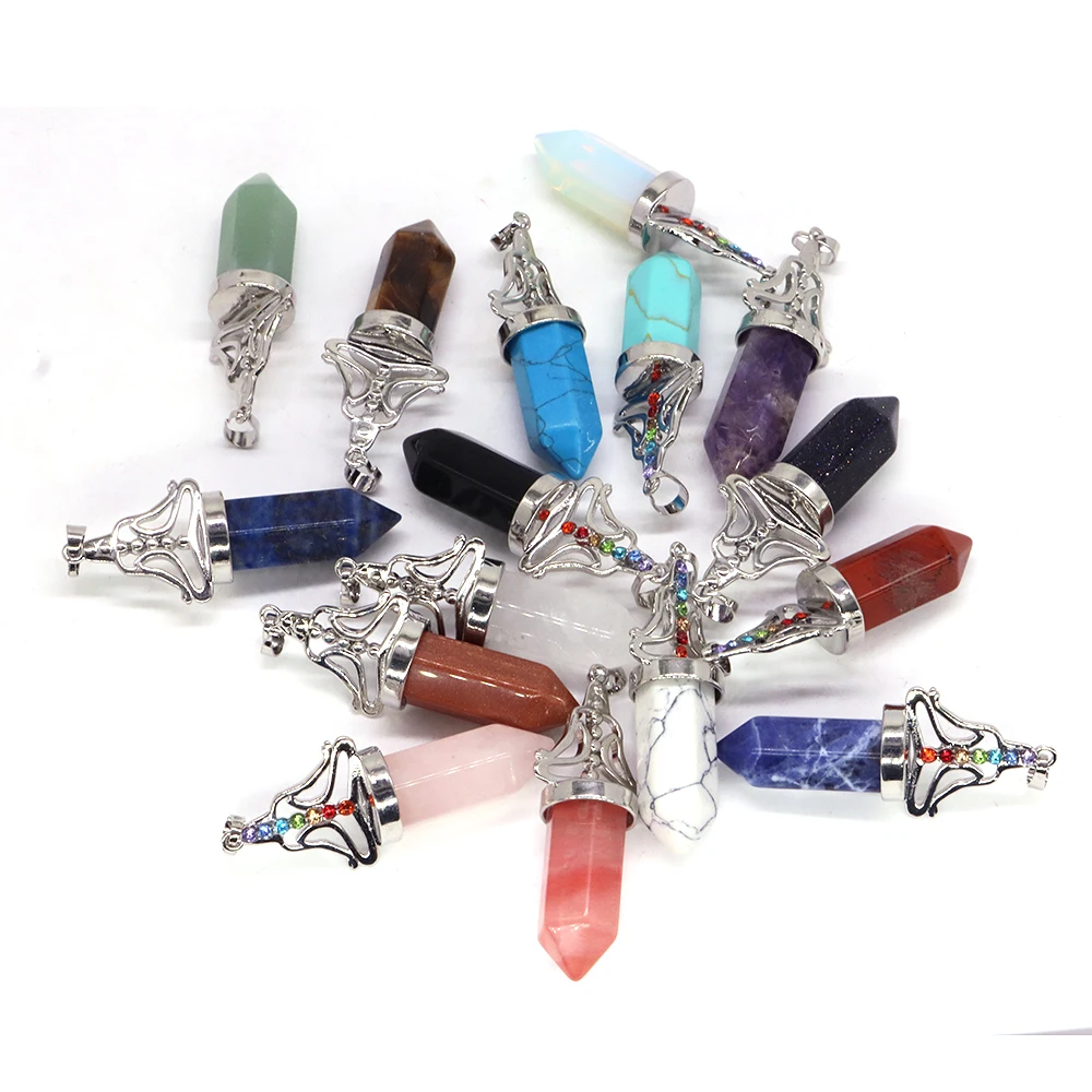 Bullet Head Shape Stone Pendants 7 Color Diamond Chakras Crystal Hexagonal Pendulum Charms for Jewelry Making Necklace Earrings