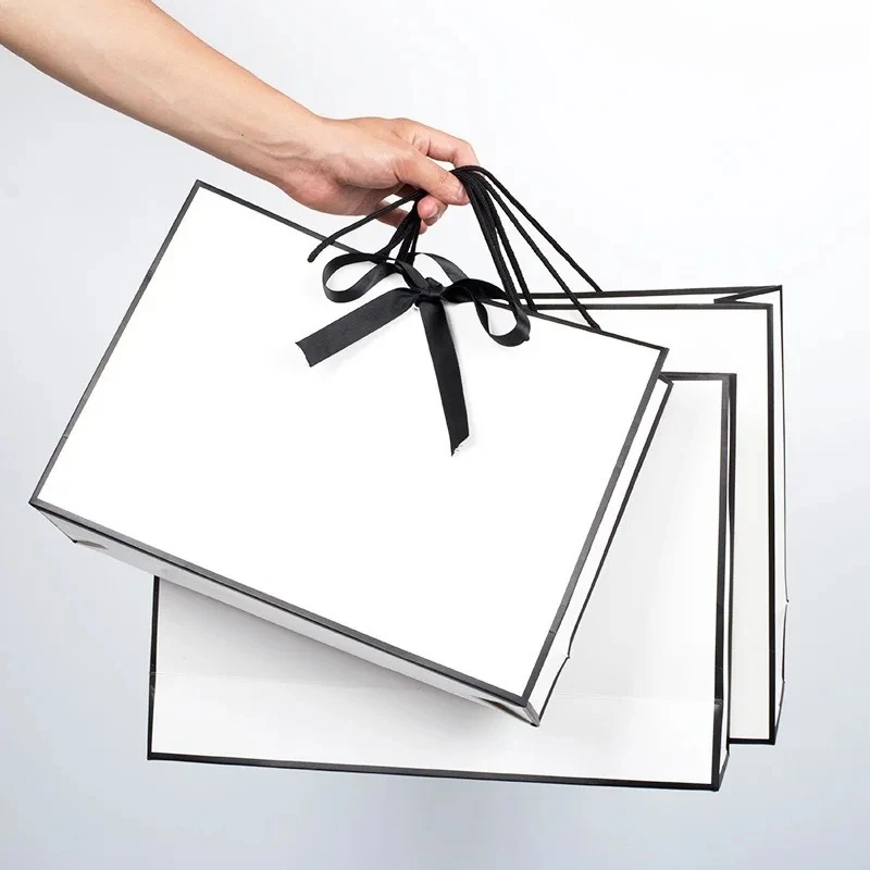 5-500pcs Gift Packaging White Paper Box With Black Border Shopping Bags Portable Tote Bags Bow Ribbon Dinner Party Supplies