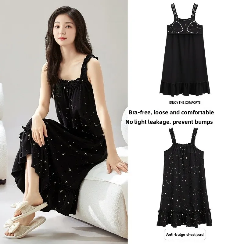 

Summer Cotton Blend Sleeveless Long Dress Women's Home Clothes Set with Chest Pad Sweet Cute Style Can Be Worn outside