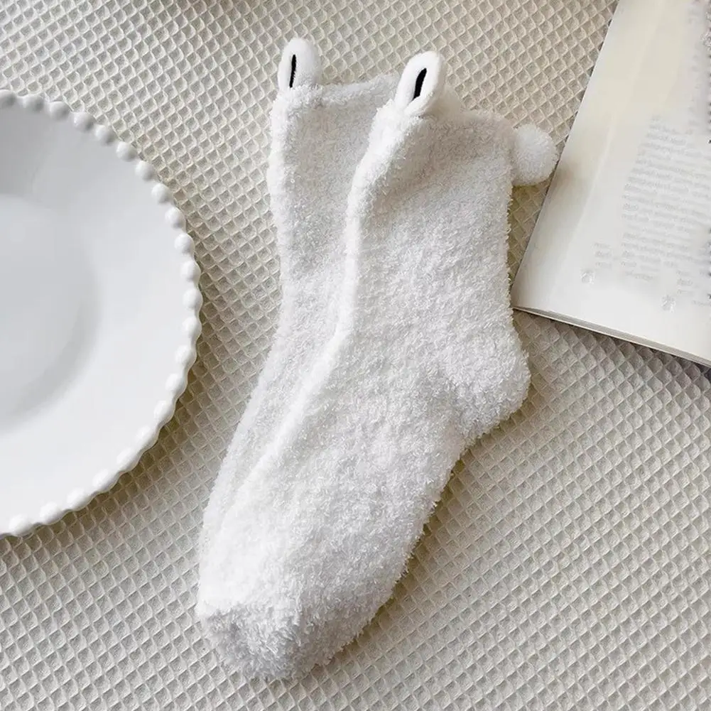Calcetín para dormir cálido de Lolita para mujer, suave, tridimensional, con orejas de conejo, terciopelo Coral, bonito tubo medio, grueso, para invierno