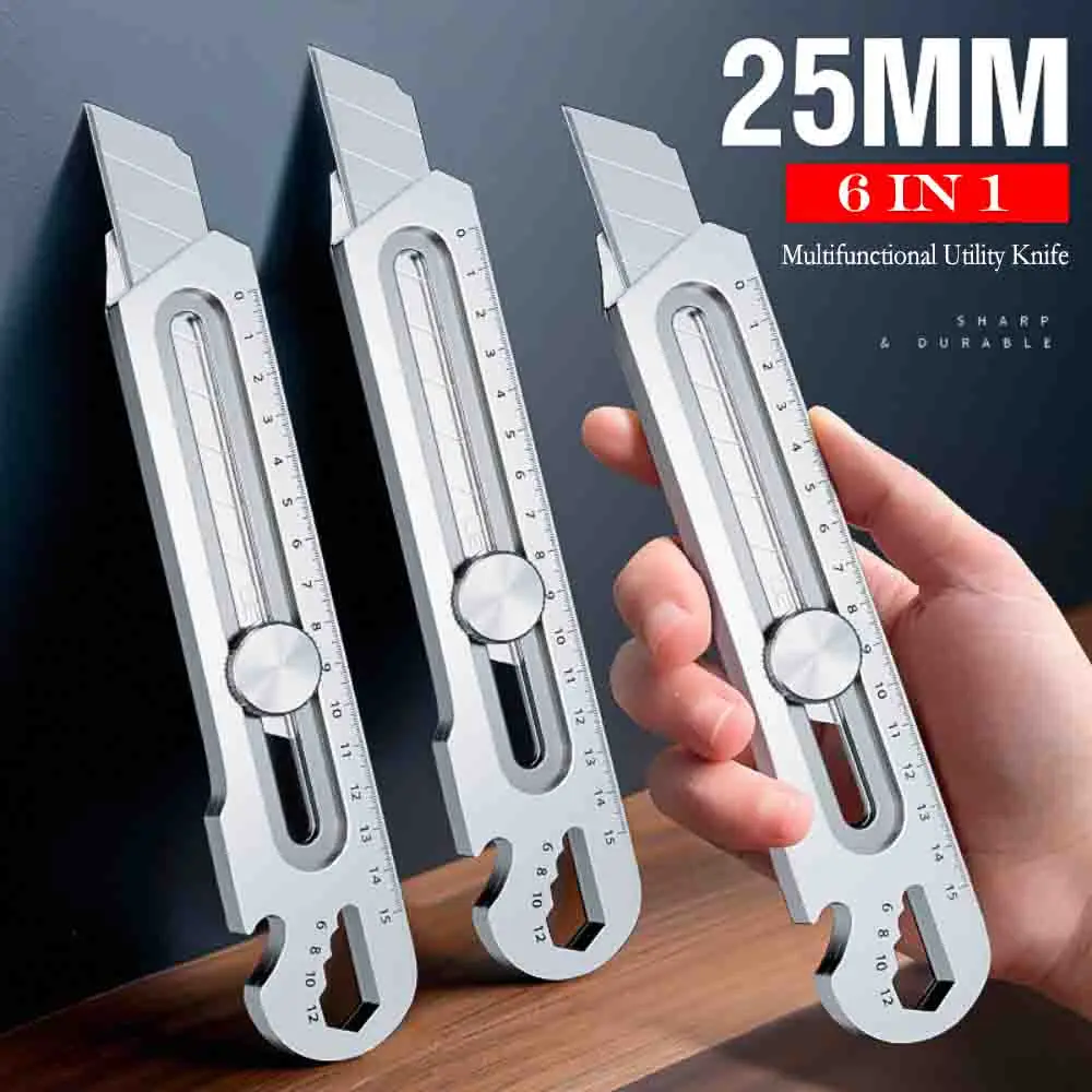 

6 in 1 Multifunction Stainless Steel Utility Knife Tail Break Design/Ruler/Bottle Opener Retractable Box Cutter Art Supplies