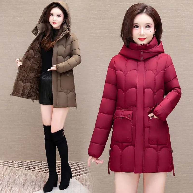 -30 Degree Thick Winter Women\'s Cotton Clothing Hooded Warm Coat Casual Jacket Female Overcoat Medium-long Parkas Mom Outerwear