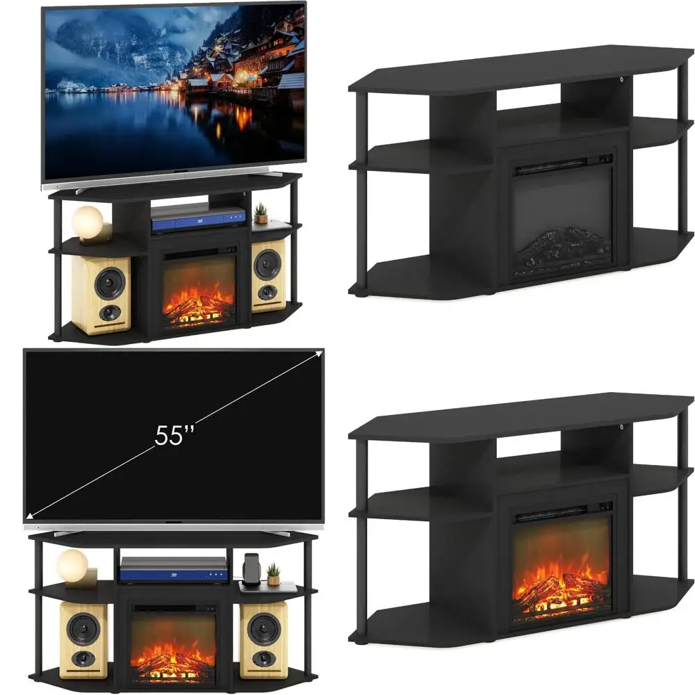 Corner Fireplace TV Entertainment Center Open Storage for 55 Inch TVs in Americano Black with Plastic Poles