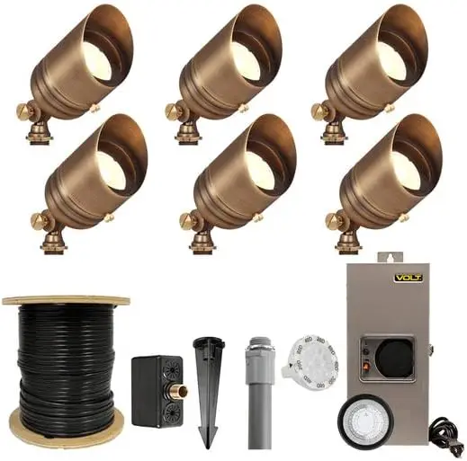 VOLT 12V Brass Fat Boy LED Outdoor Spotlight 6-Pack Kit (Bronze) with 150W Low Voltage Transformer for Landscape Lighting