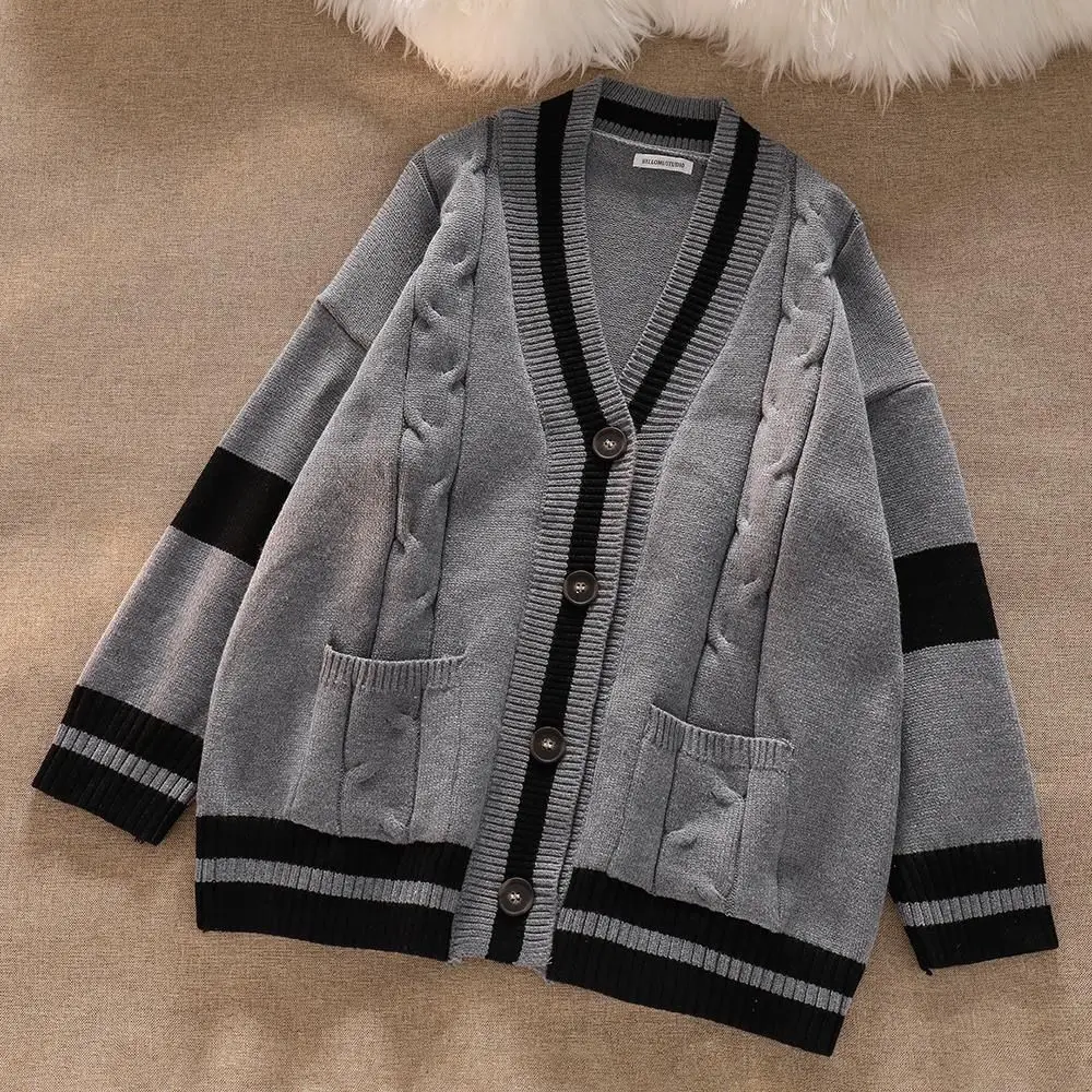 Korean autumn and winter v-neck knitted sweater jacket 2023 new loose and lazy style mid-length knitted top for outer wear y2k