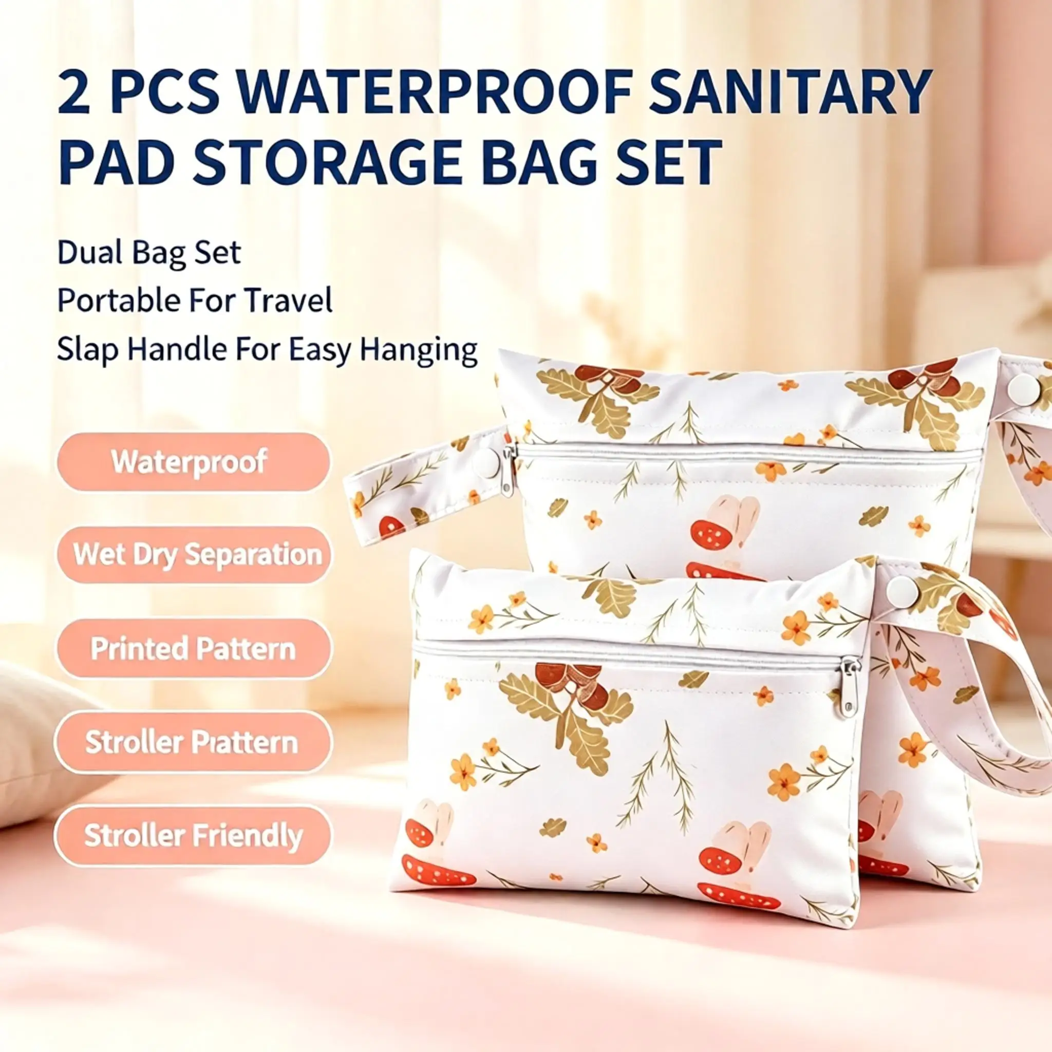 2PCS Printed Wet Dry Diaper Storage Pouches Waterproof Reusable Button‑Handle Portable Hanging Organizer For Baby Stroller