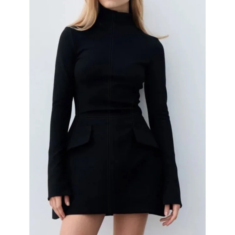 Elegant Black Short Dresses Women's Turtleneck Long Sleeve Dresses 2024 Autumn New Mini Dress ,Ladies Office Dress