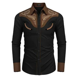 Camisa de um único peito estampada de manga comprida masculina ocidental, lapela, casual, social, clube, roupa de rua, novo, 2024