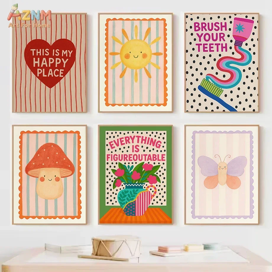 AZNM Colorful Boho Kids Positive Quote Canvas Wall Art, Cute Sun Mushroom Butterfly Tooth Brushing Cartoon Illustration Print, F