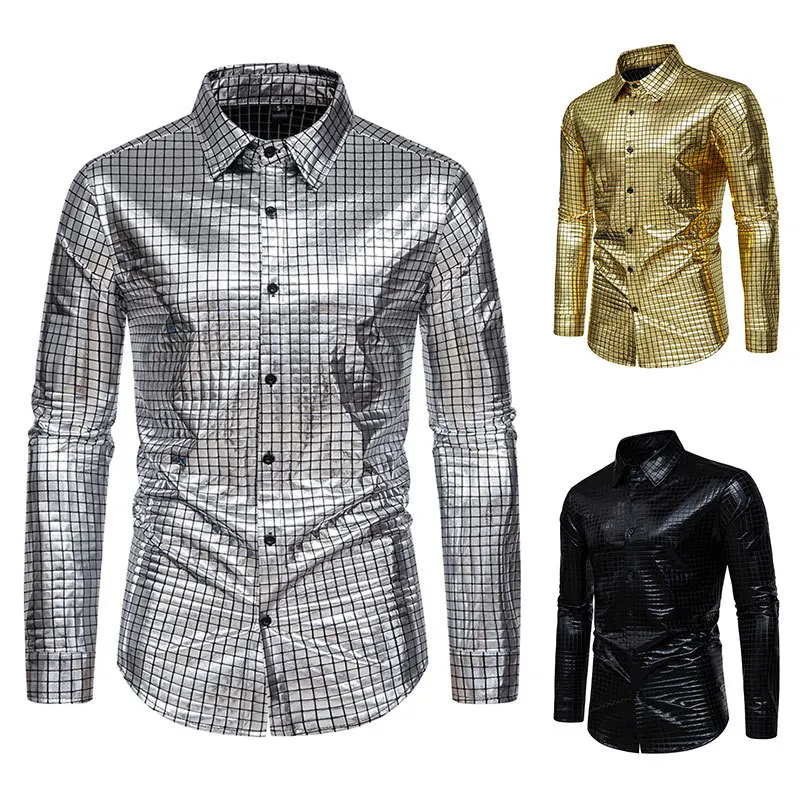 

Men's Long Sleeved Shirt, Checkered Gold Stamping Stage Costume, Banquet Fashion, Men's Long Sleeved Shirt