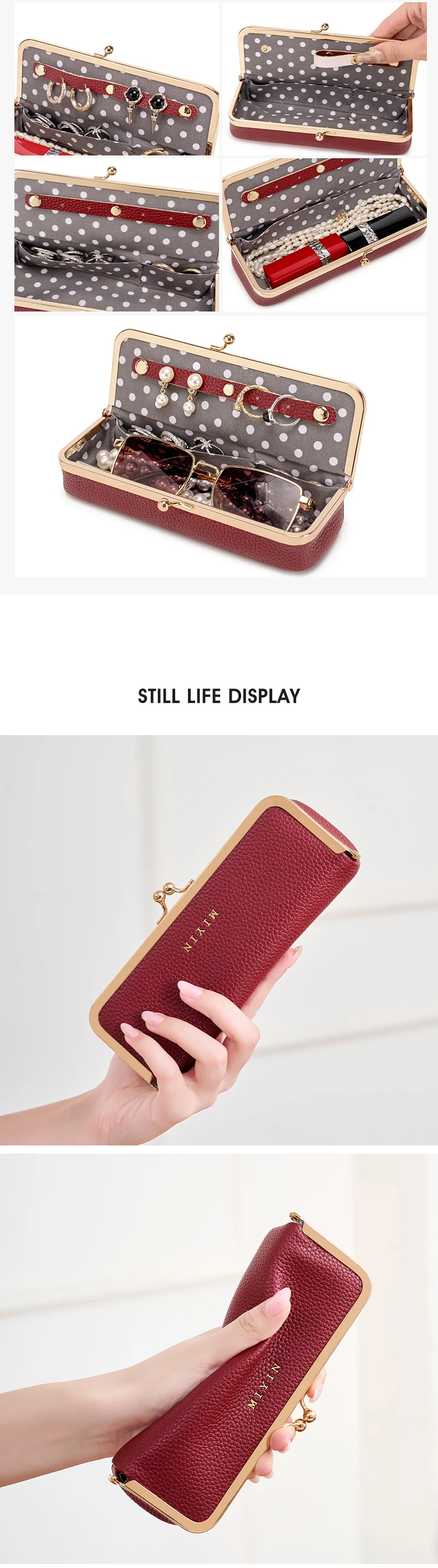 Retro-Schmuckkästchen für Damen, tragbare Aufbewahrungstasche für Brillen, modische Aufbewahrungstasche für Schmuck, Lippenstift und Uhren, multifunktionale Geldbörse. – Detail 3