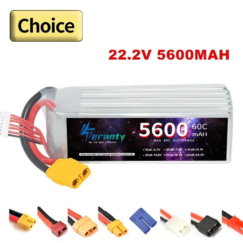 

TERANTY 6S Lithium Polymer Battery 22.2V 5600mAh Lipo Battery 60C RC Car Drone Racing Hobby Rechargeable Quadrotor Accessories