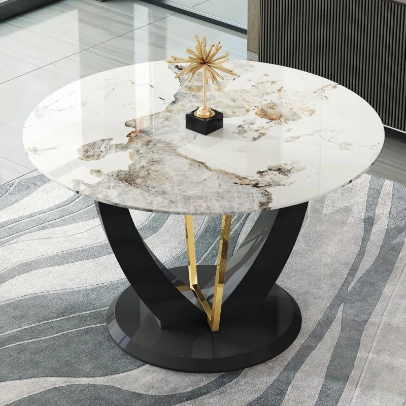 

48 Round Faux Marble Dining Table 4-6 – Black Wood Pedestal, Gold Metal Frame, Modern Circle Kitchen & Dinner Room