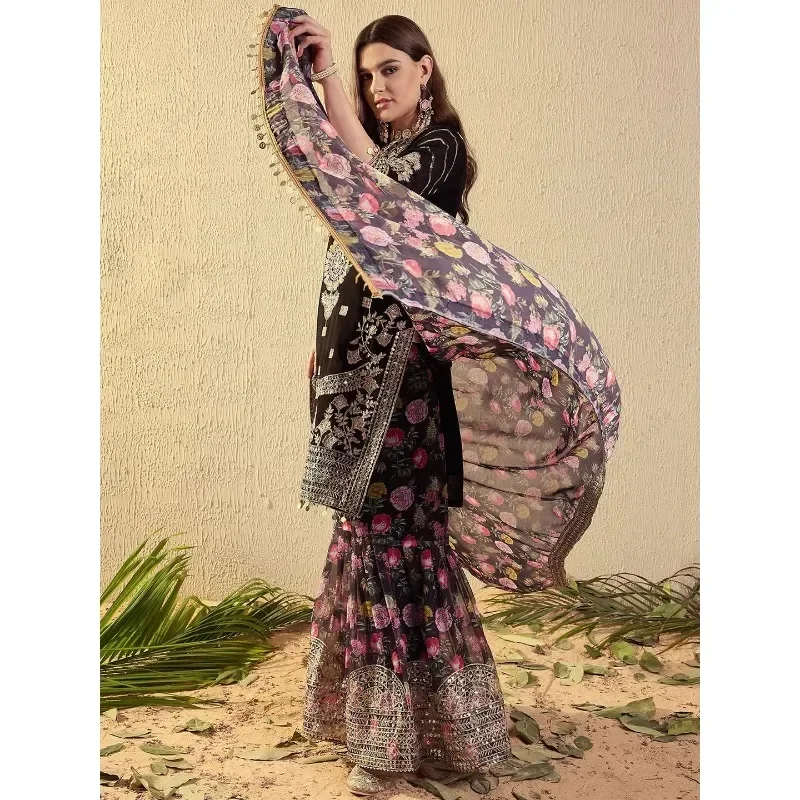 Abito da donna vintage indiano pesante ricamato in georgette punjabi con paillettes 3 pezzi set tunica pantaloni dupatta per la festa del festival di nozze