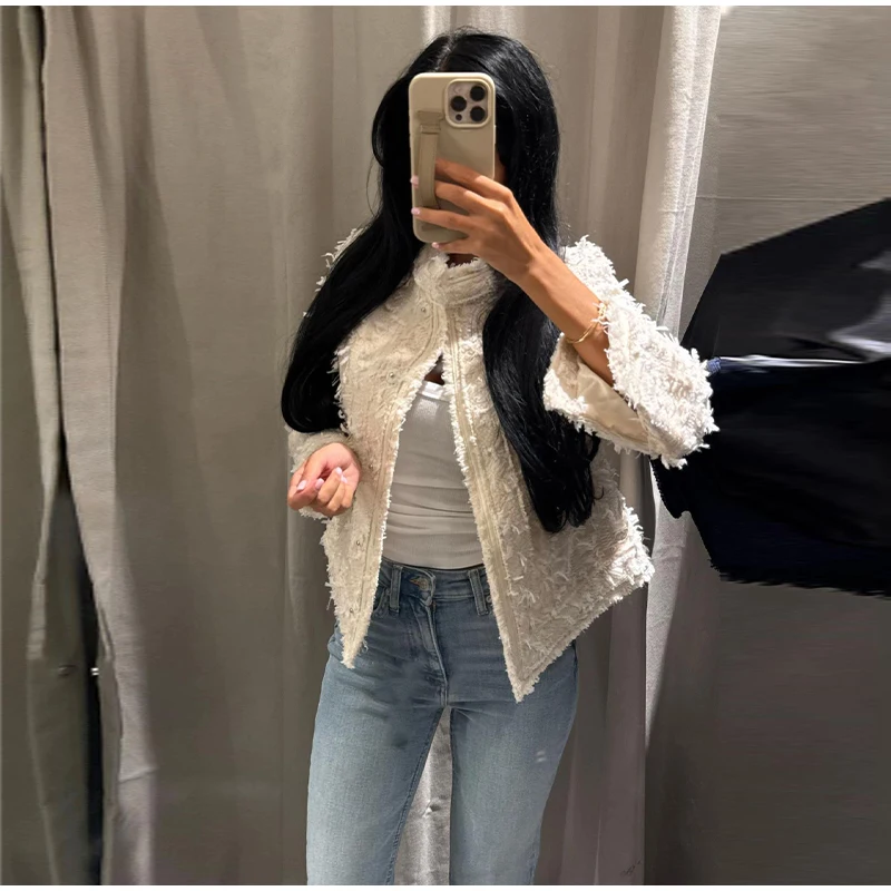 Damenmäntel mit Quasten, Rollkragen, Langarm, Einreihig, Tailliert, Frühlings- und Herbstjacken, Neuer Tweed-Mantel für Damen – Detail 7