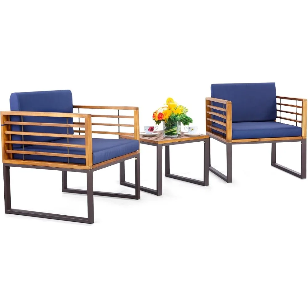 

3-piece Acacia Wood Terrace Tavern Set, Outdoor Dialogue Set with Soft Cushioned Armchairs and Square Coffee Table, Terrace