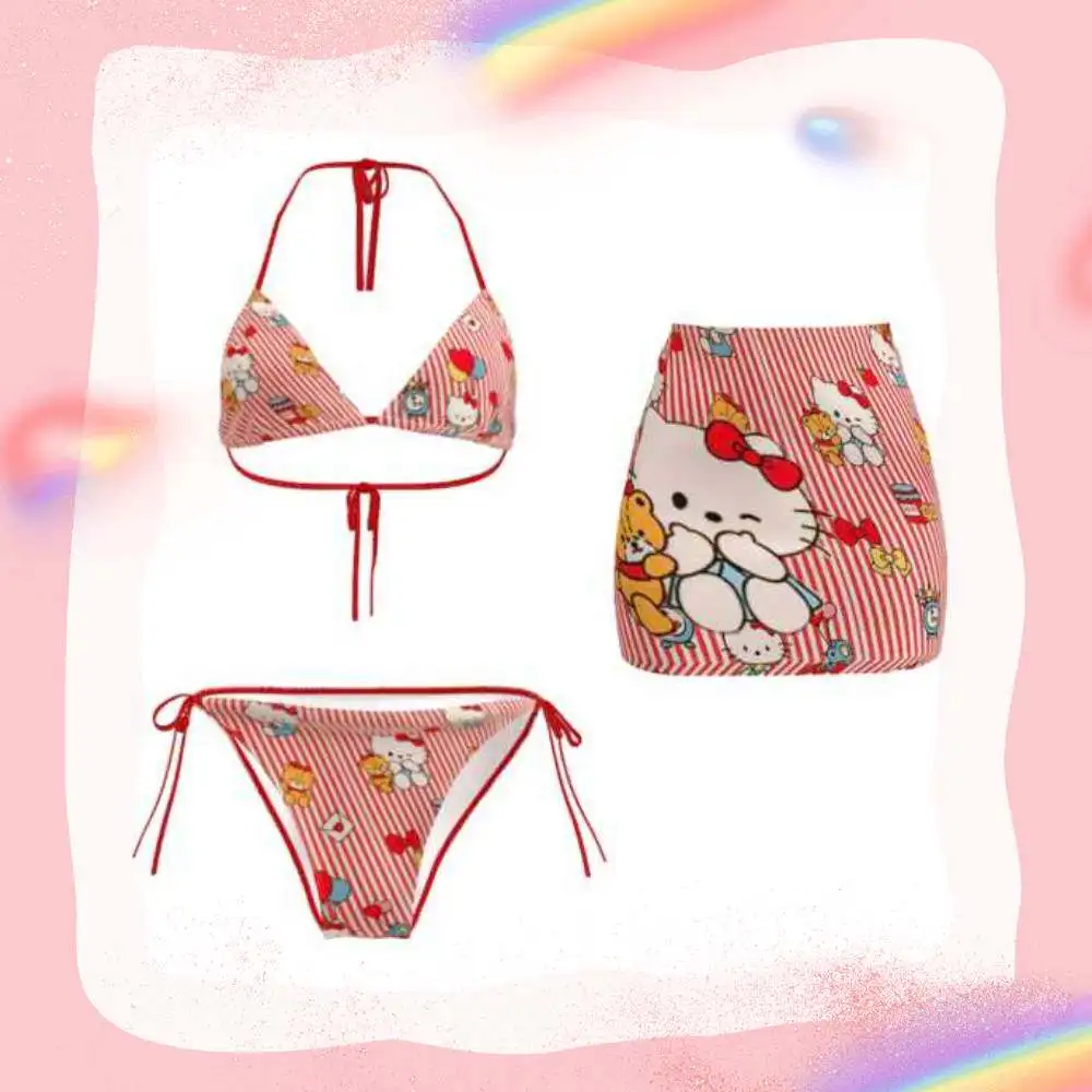 Cute Hello Kitty Striped 3 Piece Bikini Set Women Kawaii Halter Triangle Swim Top Side Tie Bikini Bottom Matching Mini Skirt view 5