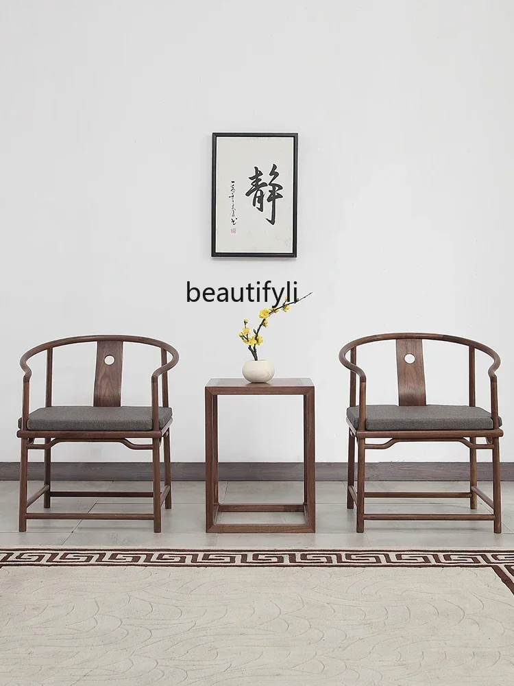 YH New Chinese Zen black walnut Taishi chair, solid wood Ming and Qing leisure three-piece set