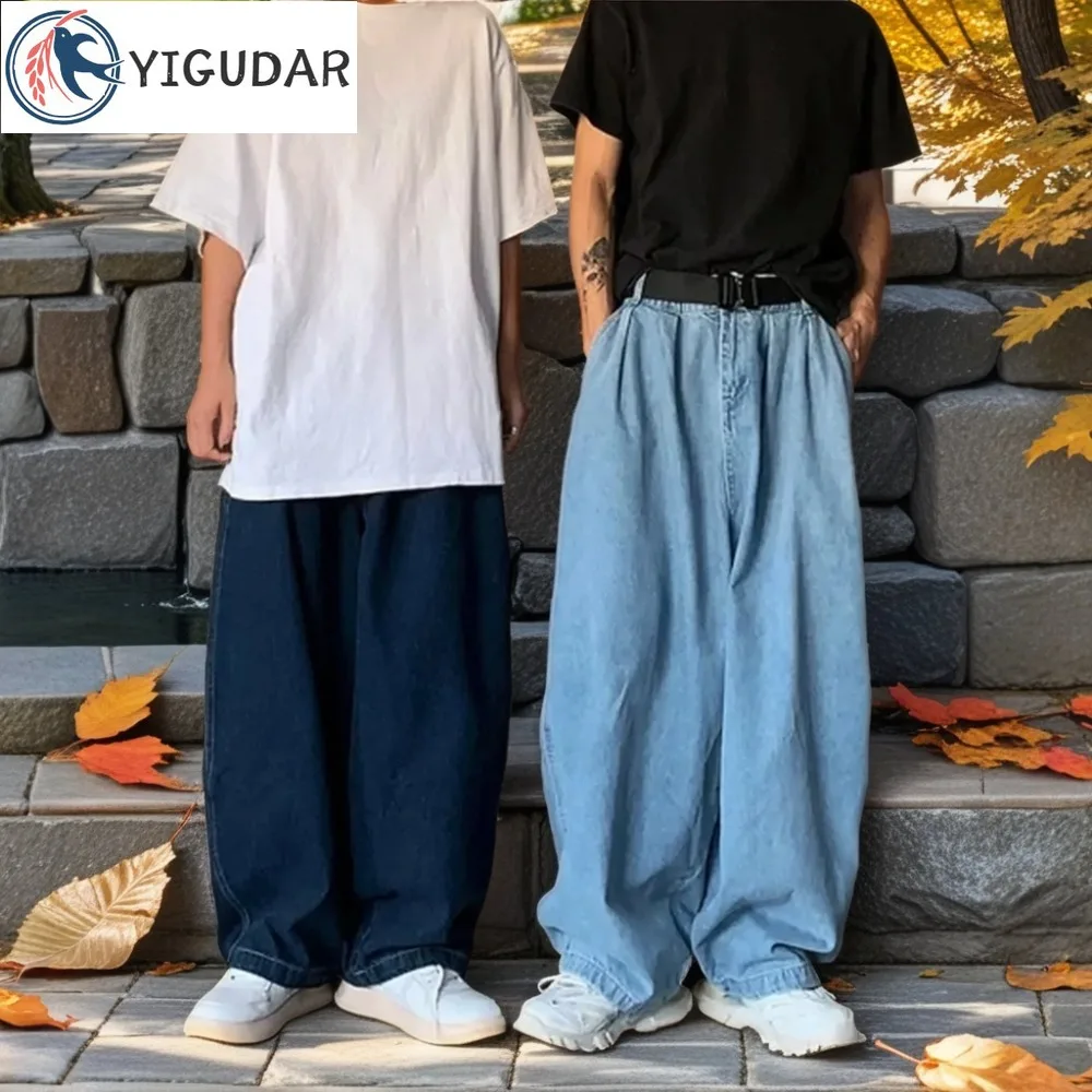 

Men Jeans Mid-rise Elastic Waistband Baggy Jeans Solid Color Hip Hop Oversize Wide Leg Denim Pants Mid-rise Pockets Retro Jeans