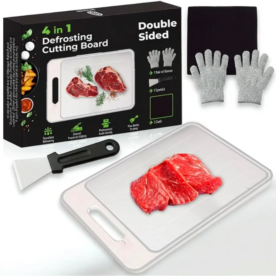 

Лоток для размораживания 4 в 1 для замороженного мяса. Эффективная тарелка для оттаивания со встроенной точилкой для ножей. Терка для чеснока и режущей поверхностью.