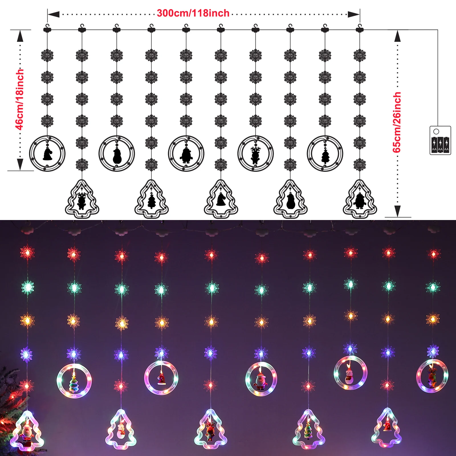 Christmas Light Christmas Window Lights Indoor 3M 100 LED 8 Modes Christmas Star Curtain Lights Battery Hanging Lights with Sant