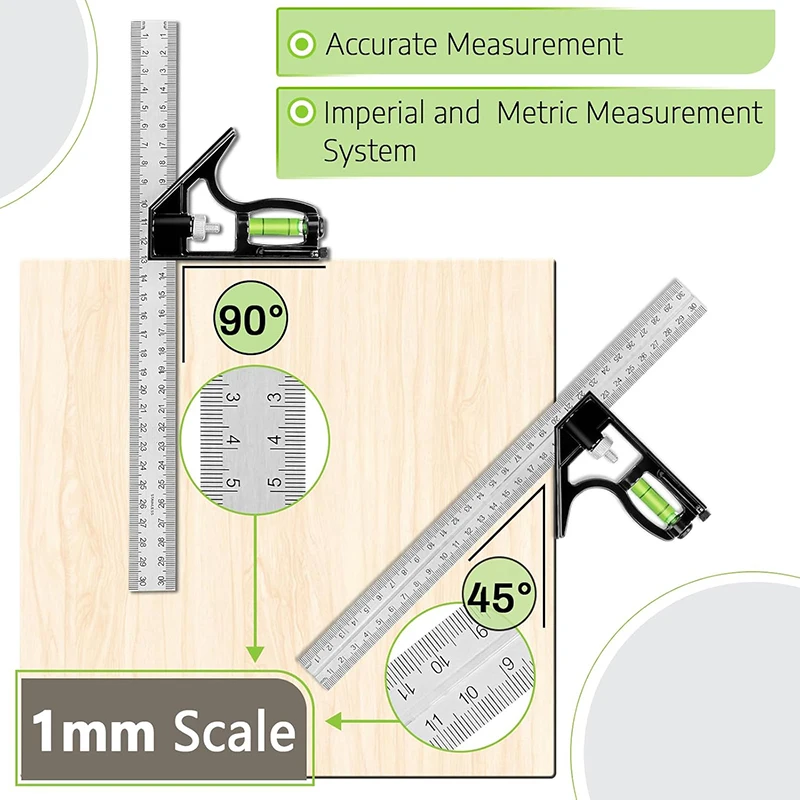 12-inch Premium Rafter Square and Combination Triangle Square Set, Woodworking Framing Square, Ruler and Protractor Tool Set