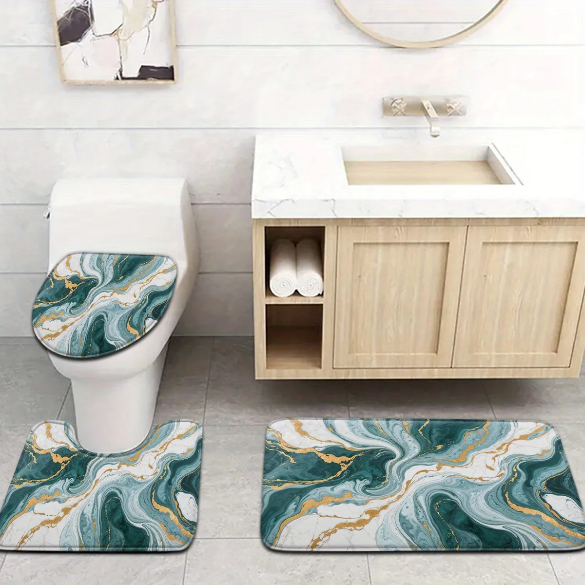 

Набор ковриков для ванной комнаты из 3 предметов зеленого и белого мрамора с зыбучим песком, чехол для унитаза, U-образный коврик, можно стирать в машине, для ванной комнаты