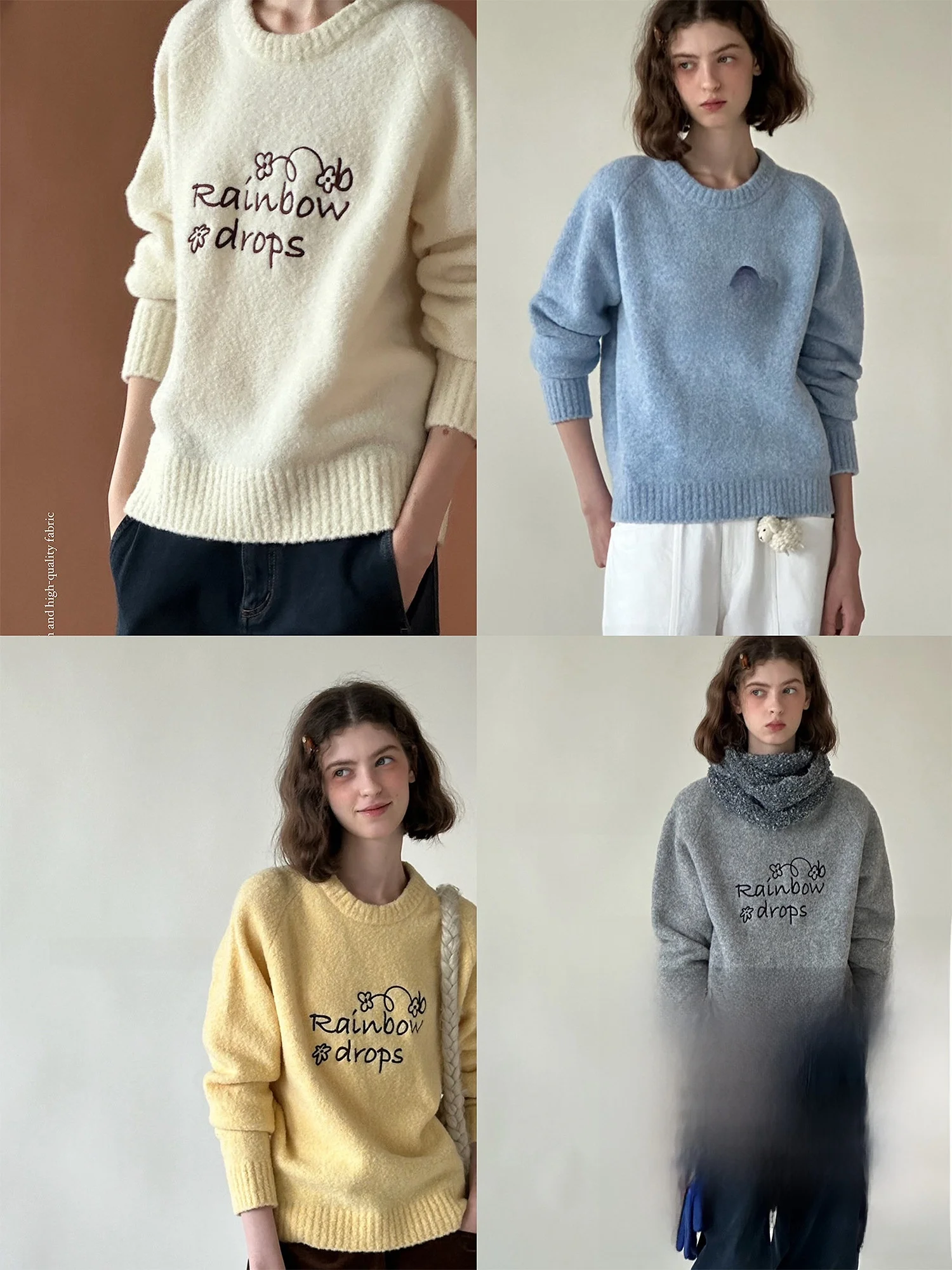 

LetM Rainbow Wool Knitted Sweater Women's round Neck Embroidered Vintage Color Block Knitwear Comfortable Loose Fit Long Sleeve