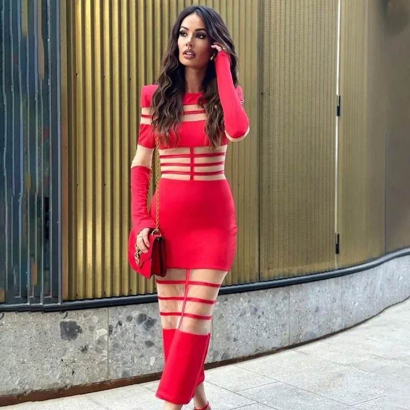 2025 الأوروبية والأمريكية الربيع/الصيف موضة مثير الربط منظور تنورة وسط جولة الرقبة طويلة الأكمام جديد سليم صالح فستان