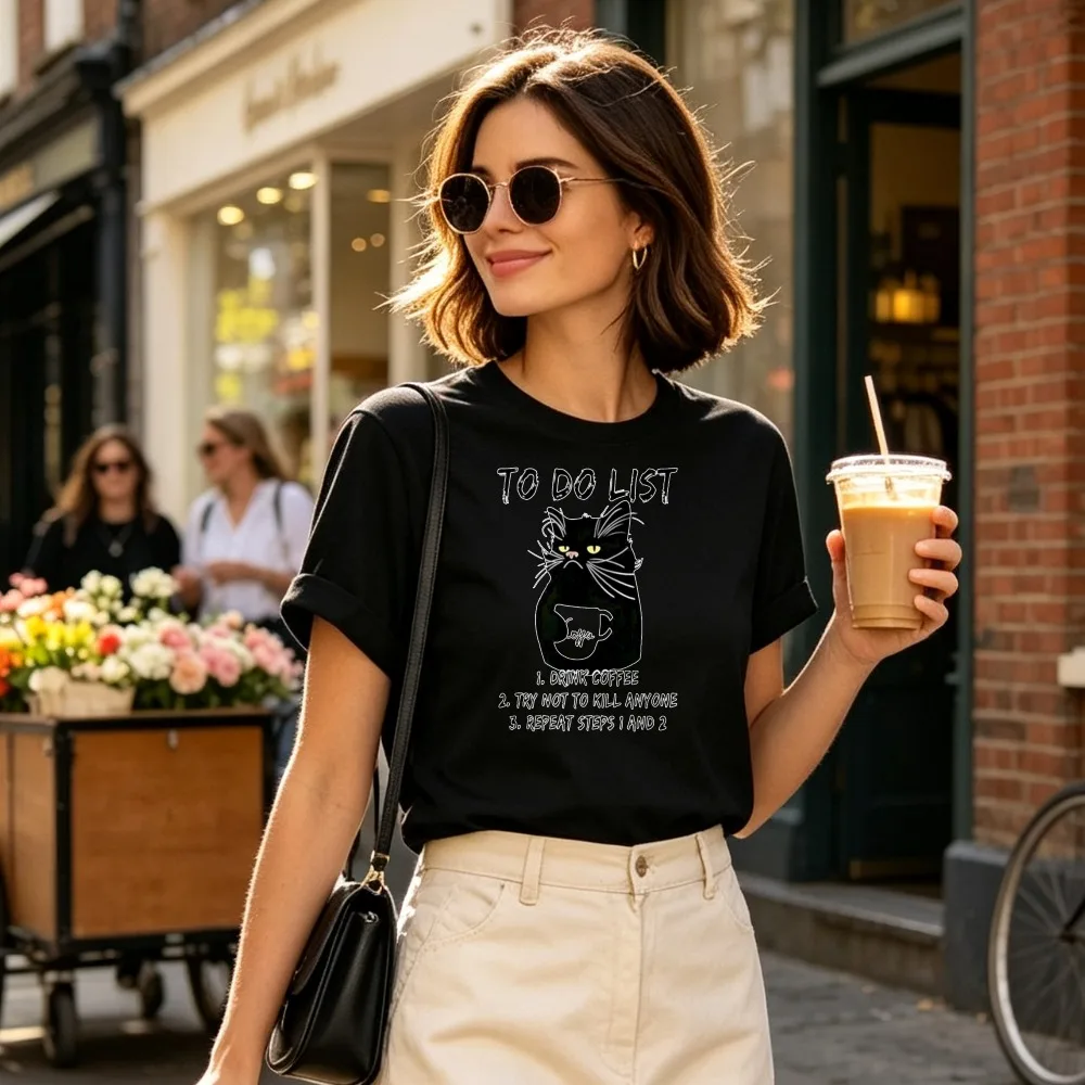 Unisex Casual Short Sleeve T Shirt Humorous Black Cat Coffee To Do List Print Crew Neck Comfort Tee Funny Pet Lover Graphic Top