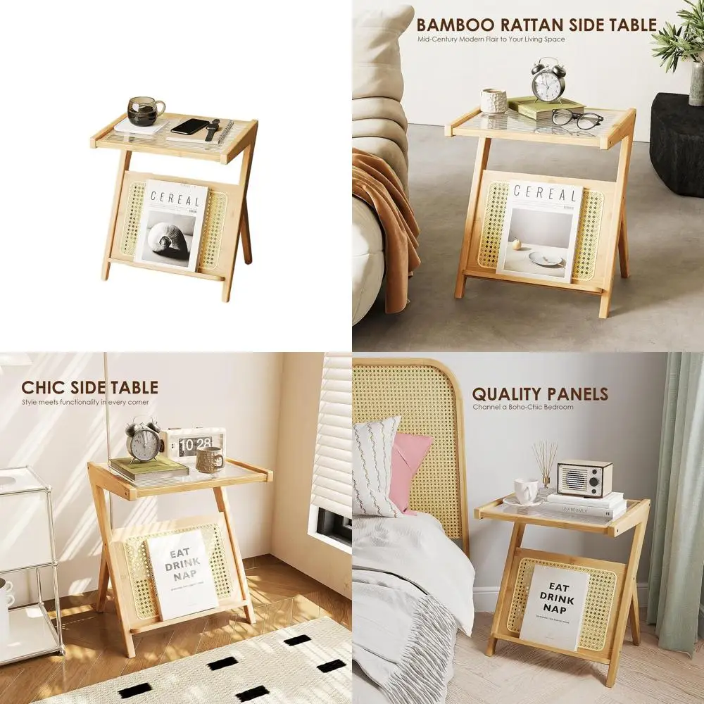 

Прикроватная тумбочка в стиле бохо из ротанга со стеклянной столешницей, маленький приставной столик для хранения вещей для спальни и улицы