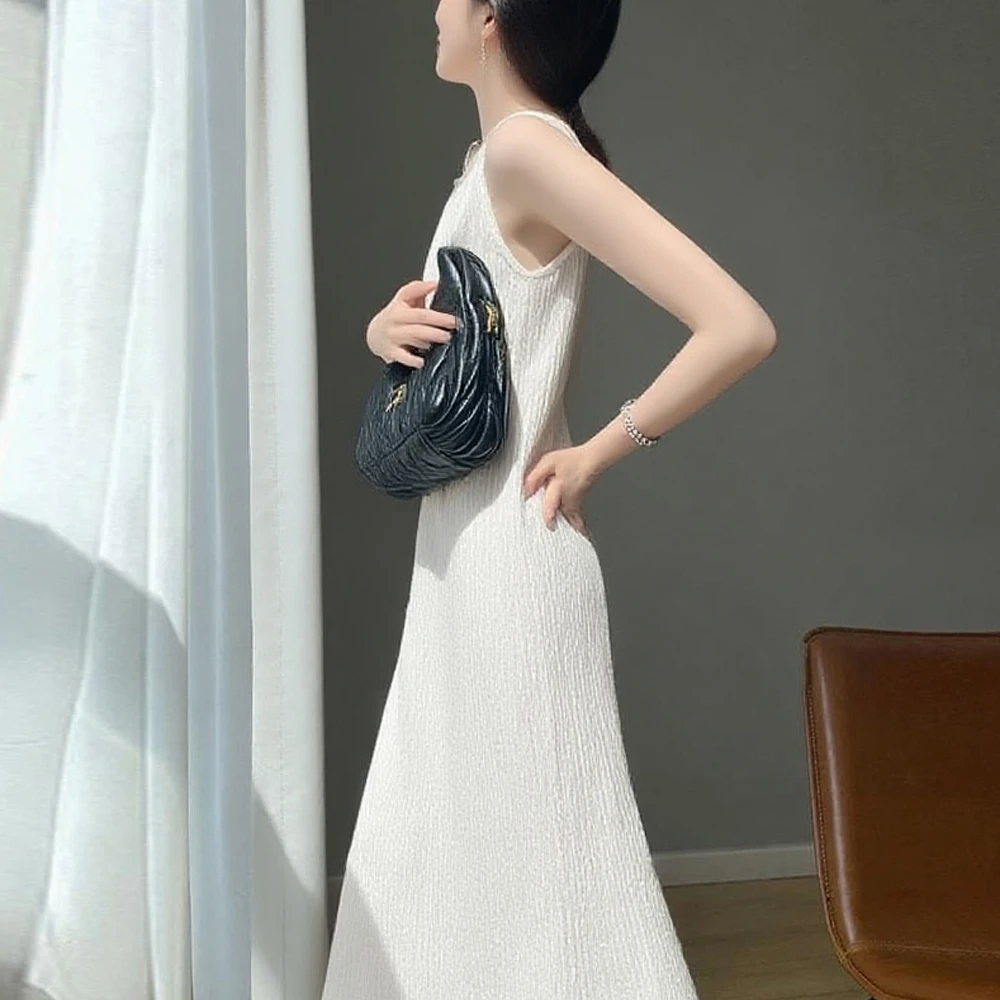 

Spaghetti Strap Dresses Woman Simple Camisole Sleeveless Pleated Knit Dress Women S-XL Soft Knit Midi Dress Black White Purple