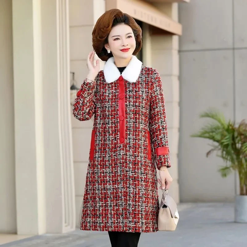 Plaid Wool Plus Velvet Padded Coat Loose Large Size Long Coat Women's Winter New Mother Warm Women's Coat