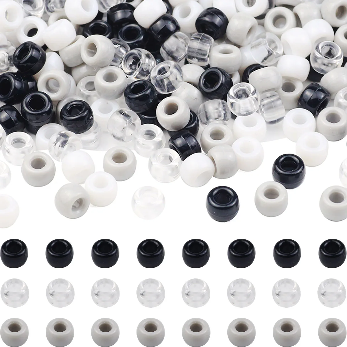 6x9mm 200-1000pcs Round Acrylic Black White Grey Spacer Loose Pony Beads For Jewelry Making DIY Hair Braids Bracelets Necklaces