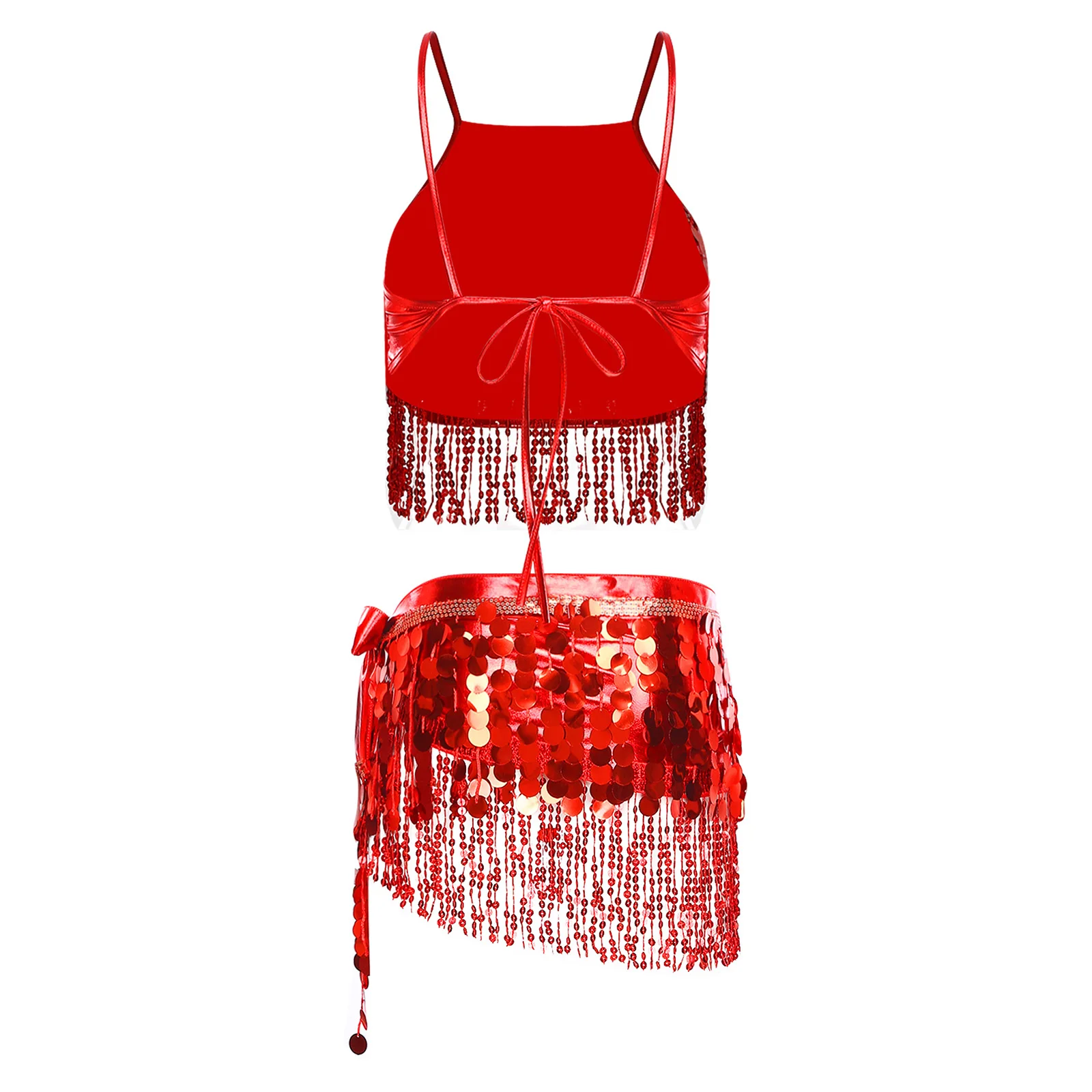 

2 Pcs Womens Belly Dance Costume Set Sequin Tassel Fringe Backless Sling Crop Top+Lace-up Hip Scarf Outfit for Latin India Dance
