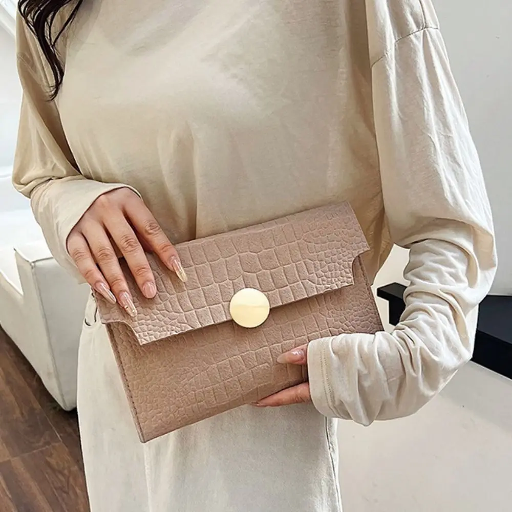Pu Leather Envelope Evening Bag Felt Crocodile Pattern Solid Color Ladies Clutch Bag Korean Style Buckle Handheld Bag Travel