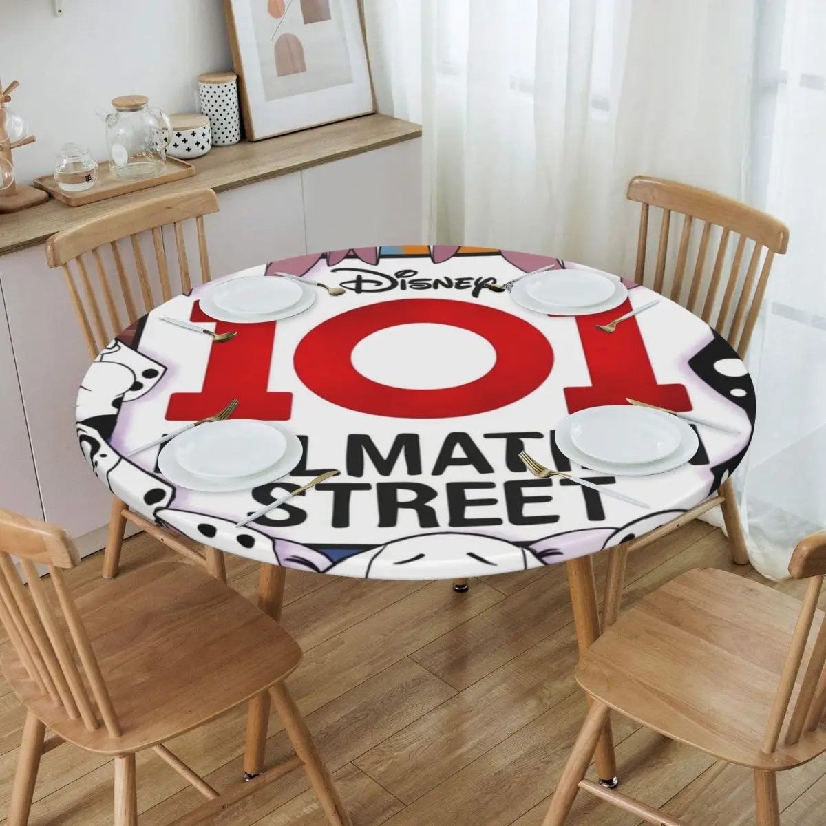 Round Fitted Disney One Hundred And One 101 Dalmatians Table Cloth Oilproof Tablecloth Table Cover Backed with Elastic Edge