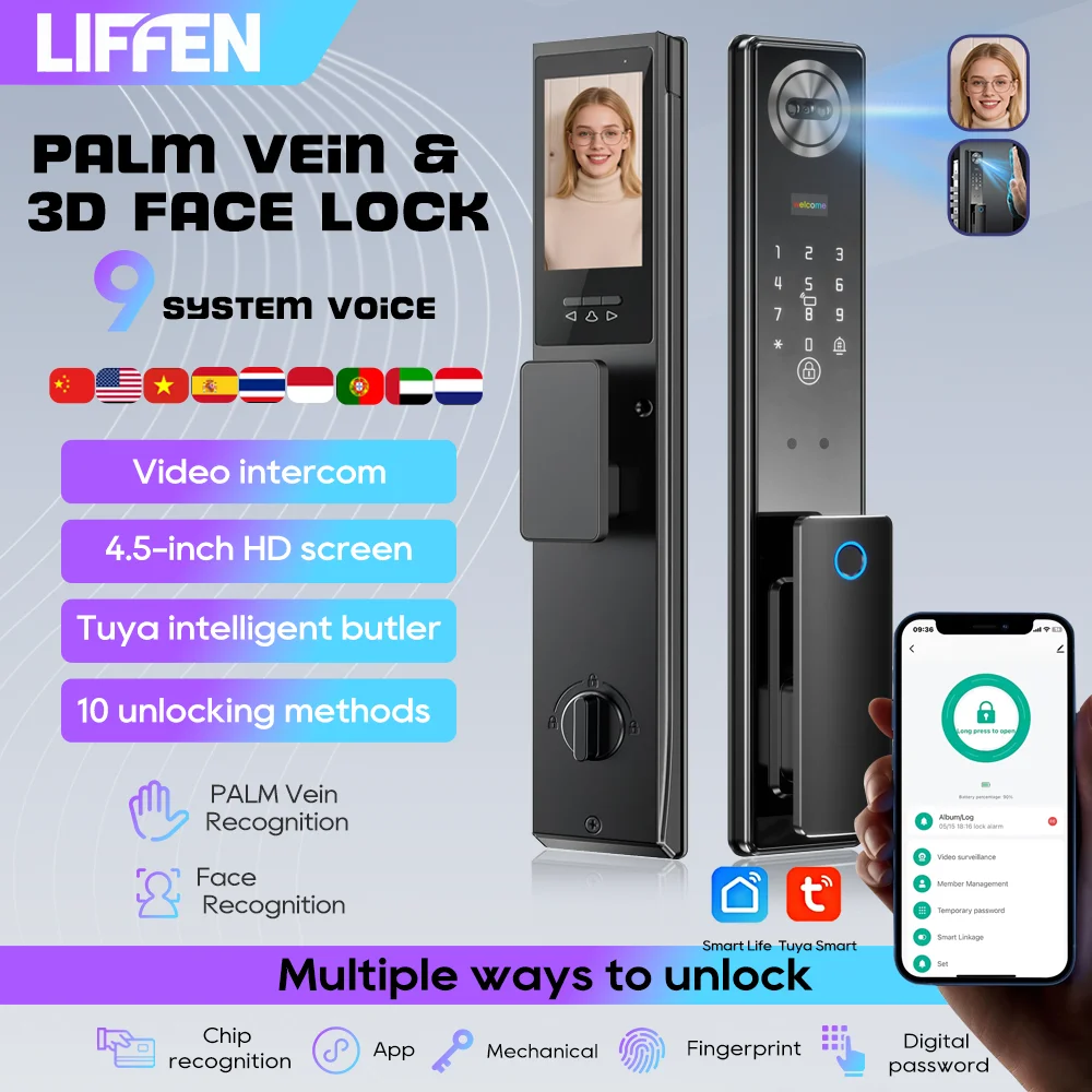 

Умный дверной замок с распознаванием лиц, Wi-Fi, приложением Tuya, камерой, видеозвонком, голосовым интеркомом, цифровой замок, автоматический замок для дверей