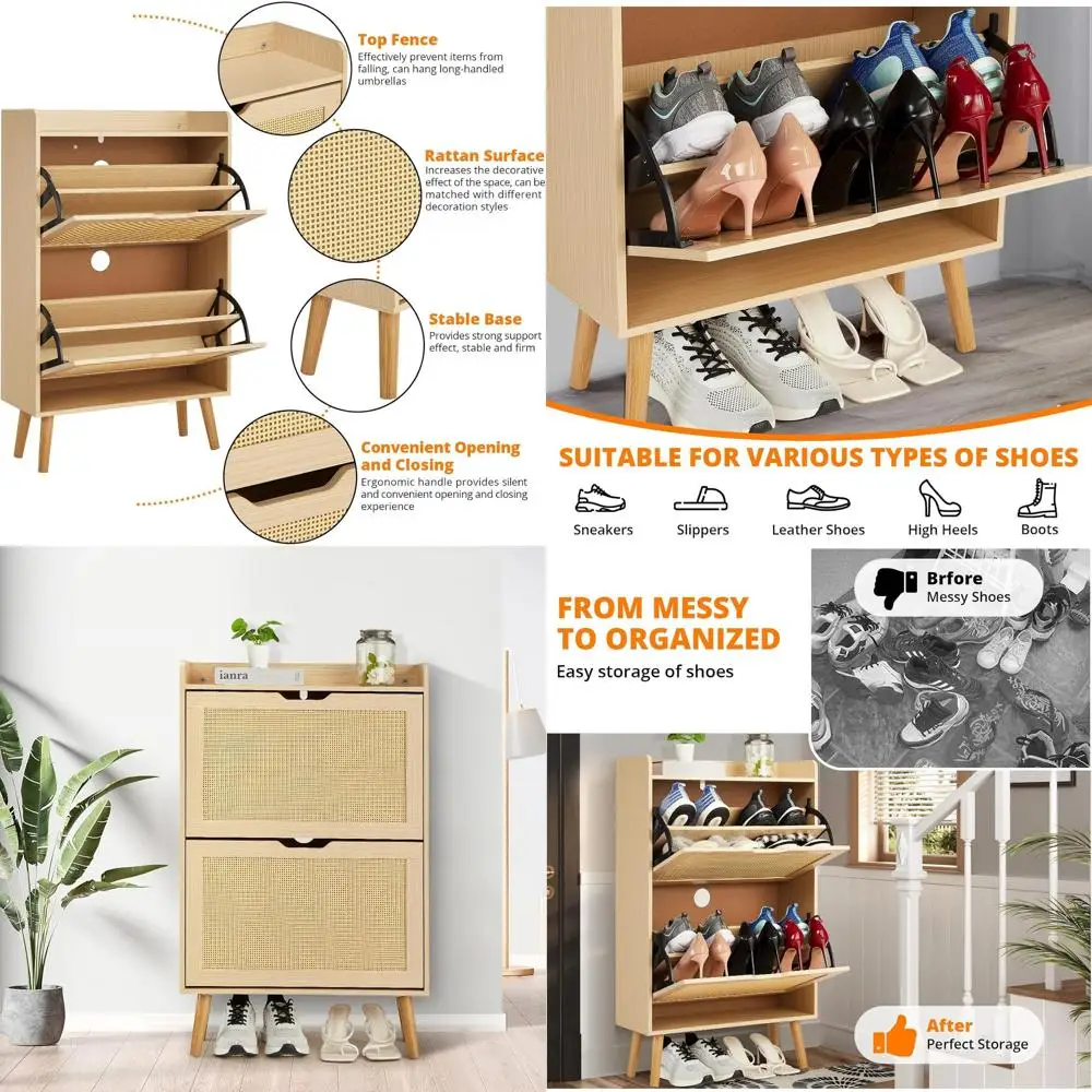 

Ventilated Rattan & MDF Shoe Cabinet for Entryway, Flip Drawers, Holds 12-15 Pairs, Tool-Free Assembly, Suitable for Narrow Spac