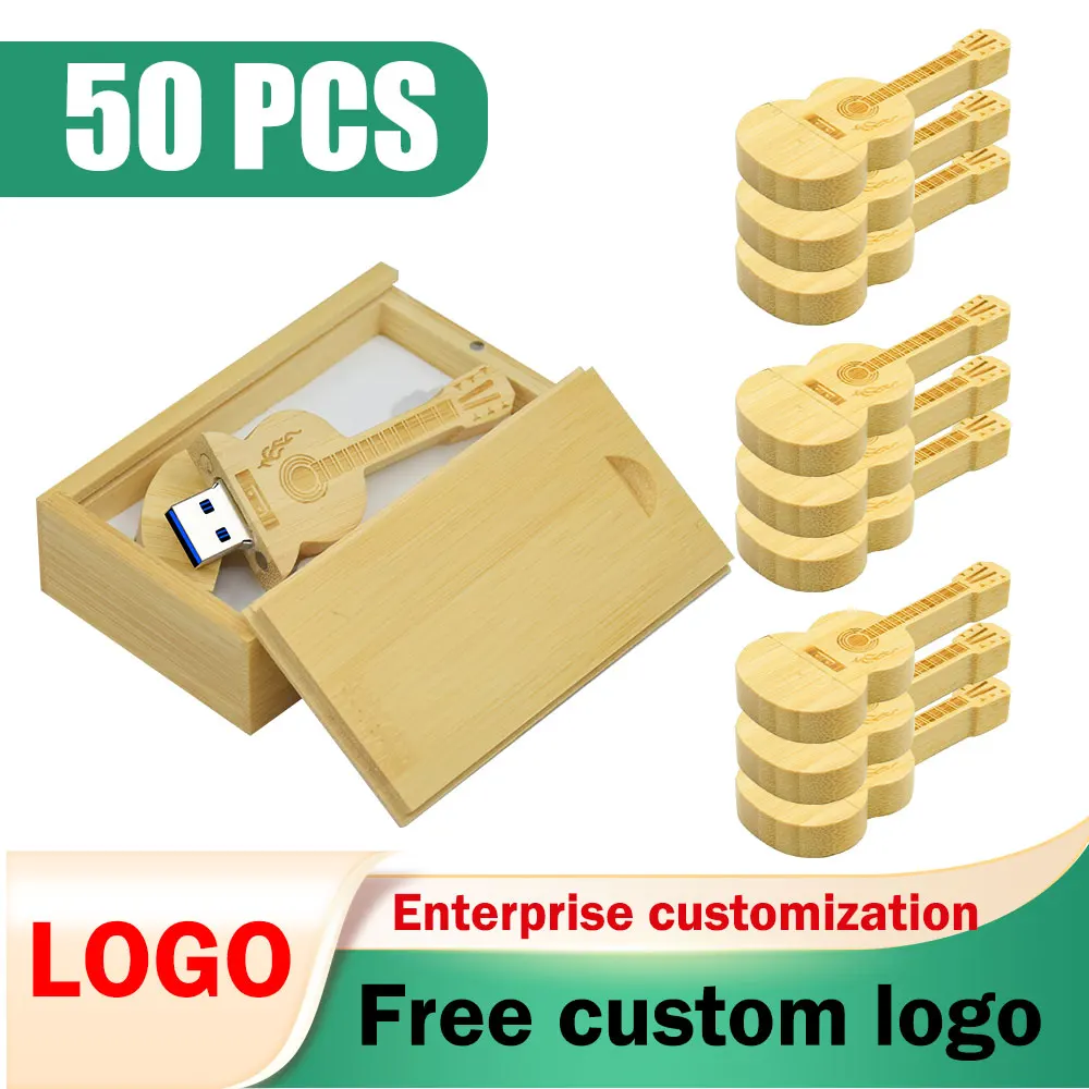 

50 шт., бесплатный индивидуальный логотип, флэш-накопитель в форме гитары, деревянная коробка, музыкальный флэш-накопитель, креативный подарок, 64 ГБ, 128 ГБ